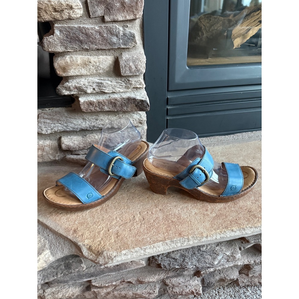 Born Womens Blue Leather Double Strap Buckle Clog 
Sandals B02504‎ Size 10 
Boho